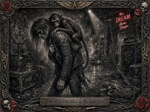 A weary rocker staggers through a smoky nighttime alley with a menacing monkey clinging heavily to his back, symbolizing addiction and burden. Deep feathered charcoal textures, harsh spotlighting, wet pavement, tangled cables, amplifiers, broken instruments, crimson neon, roses, skulls, and ornate metallic framing create a gritty, haunted rock-and-roll atmosphere.