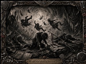 A dark charcoal rock tableau shows long-haired figures collapsing across a shattered stage while others tumble through a swirling storm above. Smoky blacks, grays, and muted bronze create a mournful, apocalyptic mood. Dramatic highlights reveal broken instruments, scattered debris, feathers, and an ornate metallic music-themed frame surrounding the chaotic composition.