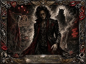 A mysterious masked rocker strides through a smoke-filled stage, radiating seductive menace beneath dramatic backlighting. Deep charcoal blacks, smoky grays, crimson accents, chrome, and gold create a gritty theatrical mood. Guitars, microphones, amplifiers, red lips, flames, and ornate rock hardware surround the figure within an elaborate metallic frame.
