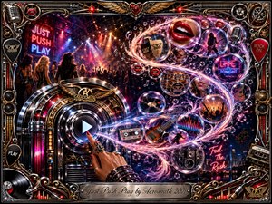 A dazzling rock-and-roll fantasy unfolds around a chrome play button, where a jeweled hand unleashes swirling feathered bubbles filled with guitars, microphones, vinyl, lips, crowds, and neon signs. Crimson, violet, blue, gold, and silver glow under dramatic stage lighting, framed by ornate metallic music motifs and engraved detailing.