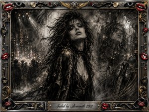 A windswept woman emerges from a smoky charcoal cityscape, her distant expression reflecting glamour, exhaustion, and emotional detachment. Ghostly reflections, stage lights, crowds, and guitar-string curves deepen the dramatic composition. Silvery blacks and grays dominate, framed by ornate chrome, gold filigree, red lips, records, cables, and engraved rock details.