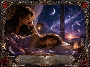 A tender nighttime bedroom scene shows a devoted man watching over a peacefully sleeping woman beneath a glowing cosmic sky. Moonlight, candlelight, mauve bedding, drifting feathers, roses, and an hourglass create a dreamy, romantic mood. An ornate chrome-and-gold musical frame surrounds the richly detailed, cinematic digital painting.