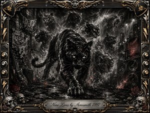 A fierce black panther prowls through a stormy, smoke-filled urban rock setting, surrounded by ghostly feline echoes suggesting nine lives. Deep charcoal textures, silvery highlights, crimson sparks, skulls, roses, speakers, and guitar imagery create a dark, rebellious mood, enclosed by an ornate chrome-and-gold frame with an engraved title plate.