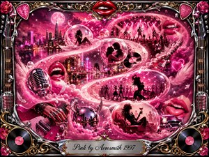 A glamorous pink rock-and-roll dreamscape swirls through luminous feathered bubbles, neon city lights, concert silhouettes, red lips, guitars, microphones, vinyl records, and dancing figures. Saturated fuchsia, rose, chrome, gold, and black create a playful, sensual mood, framed by ornate metallic filigree and a polished engraved title plate.