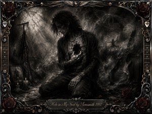 A solitary rocker sits beneath fractured light, clutching a dark hollow in his chest amid smoky stage ruins. Deep feathered charcoal textures create a haunting, mournful atmosphere, accented by muted crimson roses and metallic gold details. A guitar, microphone, candles, and ornate music-themed frame surround the scene, emphasizing heartbreak and longing.