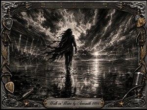 A lone, windblown figure strides across reflective water beneath a turbulent storm sky, moving toward a brilliant horizon. Deep feathered charcoal textures, silver-gray highlights, lightning, ripples, and sound-wave patterns create a defiant, mysterious mood. An ornate chrome-and-gold musical frame surrounds the scene, finished with an engraved title plate.