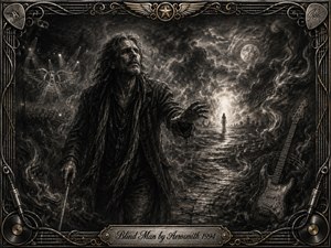 A weathered blind man reaches forward through a smoky, moonlit landscape, guided toward a distant glowing figure. Deep charcoal textures, feathered shadows, and stark silver highlights create a haunting, soulful mood. An ornate metallic frame of guitar strings, records, cables, and gold inlay reinforces the dramatic blues-rock atmosphere.