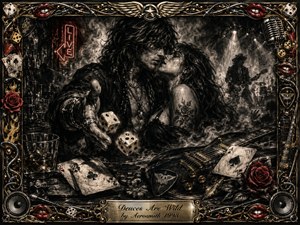 A smoky charcoal rock scene captures a passionate couple amid dice, playing cards, an electric guitar, and scattered poker chips. Deep blacks, silvery grays, crimson roses and lips, and warm gold accents create dangerous glamour. Dramatic stage lighting, feathered textures, and an ornate music-themed frame evoke reckless romance, chance, and nocturnal energy.