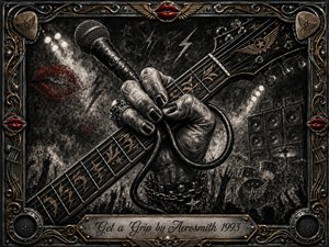 A rugged hand grips a guitar neck and microphone cable amid a smoky concert scene, symbolizing tension, control, and raw rock energy. Deep charcoal blacks and grays dominate, accented by crimson lips and ornate gold-metal details. Dramatic spotlights illuminate crowds, speakers, and drums, while an elaborate music-inspired frame completes the gritty composition.