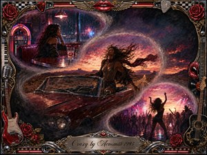A windswept woman rises from a vintage red convertible on a desert highway, surrounded by dreamlike diner and concert vignettes linked in smoky curves. Crimson, violet, amber, and chrome tones glow under dramatic sunset and neon lighting. Ornate guitars, roses, lips, musical details, and a metallic title plate frame the cinematic rock-inspired painting.