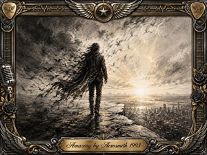 A lone figure strides from swirling charcoal darkness toward a radiant sunrise above a distant city, symbolizing renewal and hard-won hope. Deep blacks, smoky grays, warm cream, and gold create dramatic contrast. Feathered charcoal textures dissolve into birds, while an ornate chrome-and-gold rock-themed frame features wings, roses, strings, and a microphone.