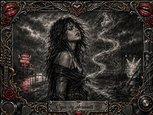 A tearful woman stands beneath a stormy night sky, her windblown hair and charcoal-dark clothing conveying heartbreak and defiance. Rain-slick pavement, a glowing motel sign, microphone, guitar, and swirling musical smoke surround her. Deep grayscale textures, crimson accents, dramatic lighting, and an ornate metallic rock-inspired frame create a haunting, cinematic mood.