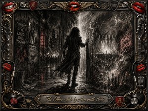 A lone rock figure stands between a rain-darkened city alley and a glowing, smoke-filled concert realm, embodying temptation and emotional conflict. Deep feathered charcoal textures, silvery highlights, and restrained crimson accents create a brooding cinematic mood. An ornate chrome-and-gold frame features red lips, guitar details, records, cables, and engraved title plate.