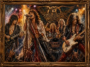 A blazing Aerosmith concert unfolds inside an ornate gold frame, with the lead singer commanding center stage beneath the bands enormous winged emblem. Guitarists, drummer, colored spotlights, reflective flooring, and reaching audience hands create a powerful arena scene filled with movement, theatrical light, and classic rock intensity.