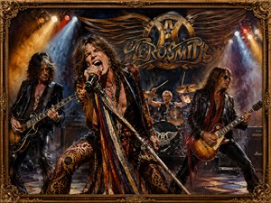 The lead singer leans aggressively toward the crowd, singing into a scarf-covered microphone while two guitarists and an energetic drummer perform beneath brilliant amber and white spotlights. The elaborate gilded frame, smoky atmosphere, packed arena, and oversized Aerosmith backdrop transform the performance into a richly detailed celebration of raw emotion and sound.