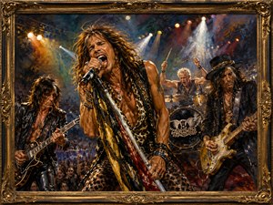 This vibrant concert painting captures Aerosmith in full performance beneath a glowing winged logo. The singer stands at center wrapped in flowing scarves and layered jewelry, surrounded by guitarists and drummer. Warm gold, red, blue, and purple stage lighting adds dramatic depth inside an ornate antique frame.