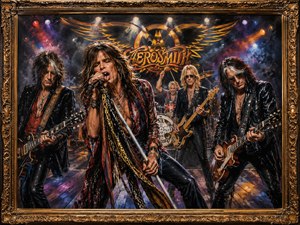 Aerosmith performs beneath a monumental golden emblem as the lead singer grips the microphone and drives the scene forward. Two guitarists flank him while the drummer rises behind the kit. Detailed costumes, leather, instruments, smoky lighting, and audience hands combine within a carved gold frame to create powerful visual energy.