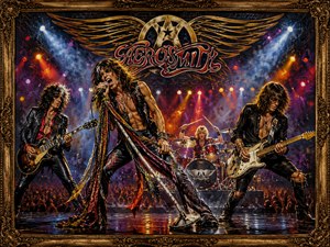 Aerosmith explodes across the stage in a vivid interpretation of Walk This Way. The singer reaches toward the audience while guitarists and drummer perform under a massive winged logo. Brilliant colored lights, smoke, raised hands, reflective flooring, and ornate framing capture the swagger and electricity of a legendary rock performance.
