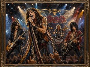 Inspired by Back in the Saddle, this powerful painting shows Aerosmith returning to the stage with fierce confidence. The lead singer performs beneath a winged red logo, flanked by guitarists and drummer. Bright spotlights, smoky atmosphere, raised crowd hands, colorful scarves, and ornate metallic framing intensify the triumphant performance.