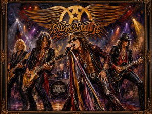 This dramatic interpretation of Last Child surrounds Aerosmith with deep color, glowing stage lights, and an enormous golden winged emblem. The singer performs in sunglasses and flamboyant clothing while the full band plays around him. The dark carved frame adds an elegant finish to the intense arena atmosphere.