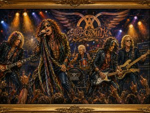 Aerosmith performs before a dense, cheering crowd beneath warm amber and violet spotlights. The singers scarf-covered microphone and expressive stance anchor the composition while guitarists, bassist, and drummer fill the stage. Thick painted textures, stacked amplifiers, smoky air, and ornate gold framing create an immersive classic-rock spectacle.