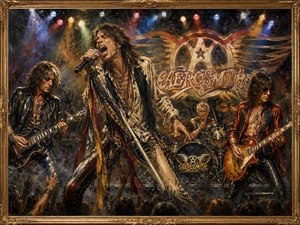 Inspired by Draw the Line, this painting captures the lead singer stretching across the foreground with microphone in hand as two guitarists and the drummer perform behind him. The faded winged Aerosmith emblem, smoky lighting, audience silhouettes, colorful scarves, and detailed gold frame create a gritty, energetic stage atmosphere.
