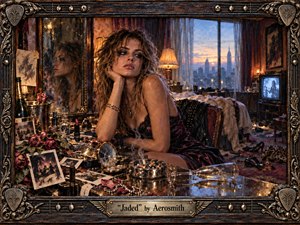 A weary, glamorous woman sits at a cluttered hotel vanity after a long night, surrounded by wilted roses, cosmetics, photographs, cigarette smoke, and fallen glassware. Warm amber lamplight contrasts with the cool blue dawn skyline beyond the window. Rich painterly textures, reflections, ornate framing, and deep burgundy tones create a decadent, emotionally drained atmosphere.