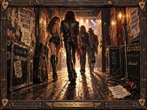 A gritty backstage corridor leads toward a blazing concert stage as leather-clad figures stride through warm amber light. Scuffed wood, battered cases, cables, posters, and amplifiers create a lived-in rock atmosphere. Deep blacks, rust tones, gold highlights, and dramatic shadows give the handcrafted scene energy, swagger, and cinematic depth.