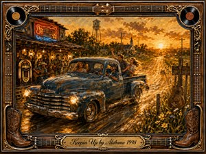 A weathered blue pickup carries laughing friends along a glowing country road at sunset, passing a rustic music stop with guitar players and a jukebox. Rich amber light, wet-road reflections, wildflowers, and distant church silhouettes create a joyful nostalgic mood. Textured oil-paint styling and an ornate musical frame complete the scene.