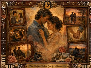 A tender couple embraces at the heart of a nostalgic country love collage, surrounded by framed memories of dancing, handholding, sunsets, and quiet companionship. Warm amber, rose, and sepia tones glow beneath soft golden light, while textured painterly brushwork, rosewood frames, musical details, and an engraved title plate create timeless romance.