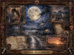 A glowing full moon hangs over a misty country road and weathered farmhouse, surrounded by faded memories of romance, letters, a porch swing, pickup truck, guitar, and sunset. Moonlit blues, sepia browns, amber highlights, and soft rose tones blend through painterly textures, framed by ornate rosewood, gold, roses, records, and guitar details.
