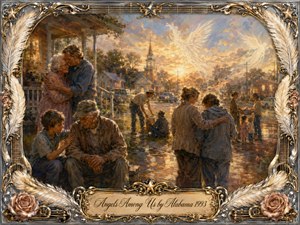 A warmly glowing Southern town unfolds at sunset, where neighbors comfort, guide, and embrace one another beneath luminous angelic forms in the sky. Rich gold, amber, blue, and earthy tones create a tender, hopeful mood. Painterly textures suggest oil on canvas, framed by ornate silver-and-gold feathers, roses, strings, stars, and an engraved title plate.
