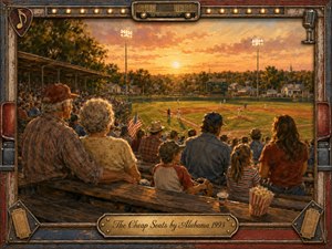 A warm, nostalgic oil-painted baseball scene unfolds from the cheap seats, where families and longtime fans watch a small-town game beneath a glowing sunset. Weathered wooden bleachers, stadium lights, flags, and distant homes frame the field in amber, rust, blue, and gold, creating a heartfelt atmosphere of community and simple pleasures.