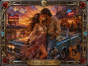 A passionate couple embraces beside a vintage blue convertible outside a glowing roadside dance hall at sunset. Rich reds, golds, blues, and earthy browns create a reckless romantic mood. Expressive oil-paint textures, neon lights, roses, guitars, chrome ornamentation, and a decorative frame surround the warmly illuminated scene.