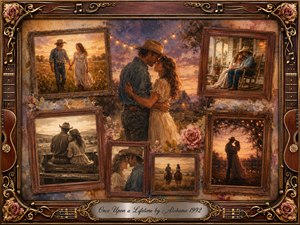 A tender country couple embraces beneath a glowing twilight sky, surrounded by rosewood-framed memories of fields, porch moments, horseback rides, and sunset dances. Warm gold, dusty rose, amber, cream, and lavender tones create a nostalgic mood. Painterly oil, acrylic, and watercolor textures blend softly within an ornate musical frame.