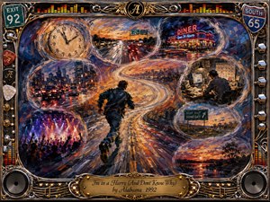 A lone runner races along a glowing, winding highway surrounded by swirling snapshots of clocks, traffic, city lights, a diner, office work, concerts, and sunset solitude. Rich blues, oranges, golds, and reds create restless energy. Expressive oil-like brushwork, dramatic lighting, and an ornate chrome-and-gold musical frame emphasize urgency, motion, and reflection.