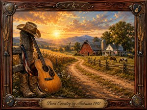 A warm oil-painted country landscape glows beneath a golden sunset, with a winding dirt road leading toward a red barn, farmhouse, grazing horses, and distant mountains. An acoustic guitar, cowboy hat, and worn boots anchor the foreground. Rich amber, blue, and earthy tones enhance the nostalgic, proudly rural mood.