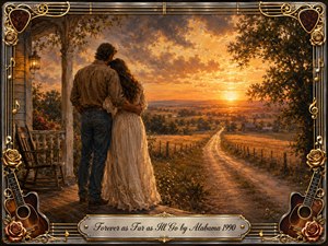 A devoted couple embraces on a rustic farmhouse porch, gazing across a winding country road toward a glowing sunset. Warm amber, gold, and earthy brown tones create a tender, timeless mood. Rich oil-paint textures, dramatic clouds, distant fields, roses, guitars, musical strings, and an ornate metallic frame enhance the romantic composition.