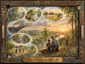 A warm watercolor landscape shows an older man and child planting a young tree beside a glowing river valley at sunset. Feathered memory bubbles curve through the scene, revealing forests, fishing, farming, pollution, restoration, and joyful children. Rustic wood, guitar strings, brass details, wildflowers, and golden light create a hopeful, nostalgic mood.