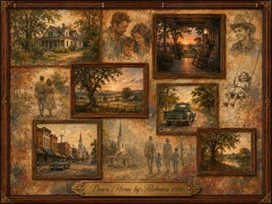 A nostalgic Americana collage evokes small-town Southern life through rosewood-framed memories of family, porches, country roads, churches, vintage cars, and peaceful farmland. Warm amber, sepia, and earthy brown tones glow with sunset light, while softly faded oil-and-watercolor textures create a tender, timeworn mood of home, community, and belonging.