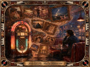 A glowing vintage jukebox anchors a rain-soaked diner while a solitary man watches cherished memories drift through ornate picture frames. Warm amber, crimson, turquoise, and gold tones contrast with the cool night outside. Painterly oil, acrylic, and watercolor textures create a wistful, romantic atmosphere, framed by elaborate musical ornaments and engraved detailing.