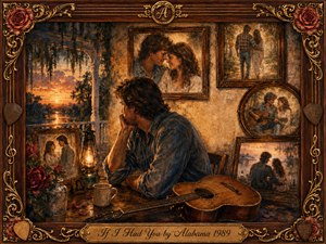 A wistful man sits beside a weathered acoustic guitar, surrounded by rosewood-framed memories of love. Warm amber lamplight and sunset tones fill the nostalgic room, blending rich browns, golds, and faded reds. Painterly oil textures, delicate floral accents, ornate inlays, and romantic portraits create a tender atmosphere of longing and cherished devotion.