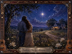 A loving couple stands beside a rustic fence beneath a brilliant Southern star, overlooking rolling countryside and a warmly lit farmhouse. Deep indigo skies, golden fireflies, magnolias, and moonlit fields create a tender, nostalgic mood. Rich oil-painted textures and an ornate guitar-inspired frame enhance the romantic country atmosphere.