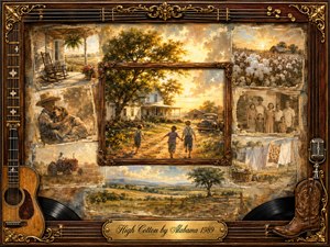 A warm nostalgic collage celebrates rural Southern life through faded family photographs, cotton fields, a farmhouse, children, farm machinery, and open countryside. Golden sunset light washes the scene in amber, cream, and earthy brown tones. Painterly textures, antique rosewood framing, guitars, records, boots, and ornate gold details deepen the homespun Americana mood.