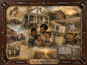 A richly layered Southern memory collage surrounds a loving family with a weathered farmhouse, cotton fields, small-town streets, laundry lines, vintage photographs, an old radio, and a distant train. Warm sepia, gold, dusty blue, and brown tones glow beneath sunset light, framed by ornate rosewood, gold filigree, records, harmonicas, and musical details.