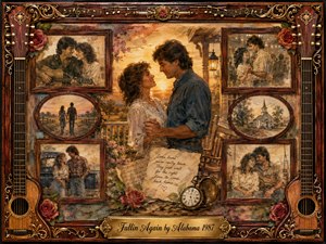 A warmly nostalgic country-romance collage centers on a couple embracing at sunset, surrounded by rosewood-framed memories of dancing, music, travel, and quiet companionship. Golden amber, sepia, rust, and soft blue tones glow beneath painterly lighting. Ornate guitars, roses, musical notes, aged paper, and a brass title plate enrich the sentimental composition.