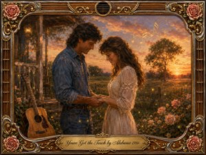 A tender couple holds hands beside a rustic country porch at golden sunset, surrounded by glowing fields, roses, fireflies, and an acoustic guitar. Warm amber, rose, cream, and earthy tones create a nostalgic romantic mood. Rich oil-painted textures, soft lighting, musical notes, and an ornate gold-and-wood frame complete the scene.