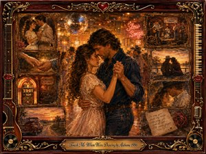 A tender couple slow-dances at the center of a nostalgic country ballroom, surrounded by framed memories of romance, music, and rural life. Warm amber, copper, and rose tones glow beneath soft lights and a disco ball. Rich painterly textures, ornate rosewood framing, gold inlays, instruments, records, and vintage details deepen the sentimental atmosphere.