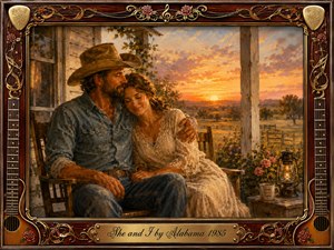 A devoted country couple rests closely together on a farmhouse porch at sunset, surrounded by golden fields, roses, and warm rural tranquility. Rich oil-paint textures blend amber, cream, blue, and rose tones beneath glowing evening light. An ornate rosewood guitar-themed frame, gold filigree, musical accents, and engraved title plate complete the nostalgic scene.