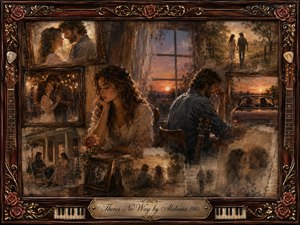 A nostalgic romantic collage portrays a couple separated by longing, surrounded by tender memories of dances, country roads, sunsets, and quiet conversations. Warm amber, rose, brown, and muted blue tones glow beneath soft evening light. Textured painterly brushwork, rosewood frames, guitars, roses, and ornate gold details deepen the bittersweet atmosphere.